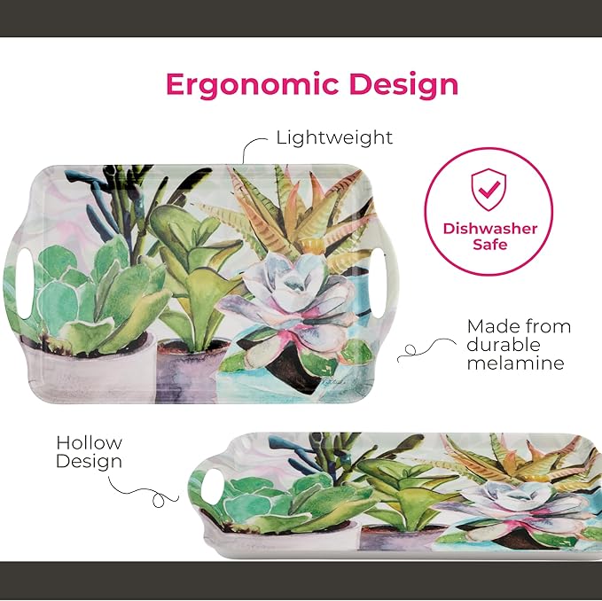 Pimpernel Succulents Large Handled Tray - 18.9" x 11.6" Melamine Serveware with Botanical Design - Dishwasher-Safe Decorative Breakfast & Coffee Tray for Hosting & Everyday Use