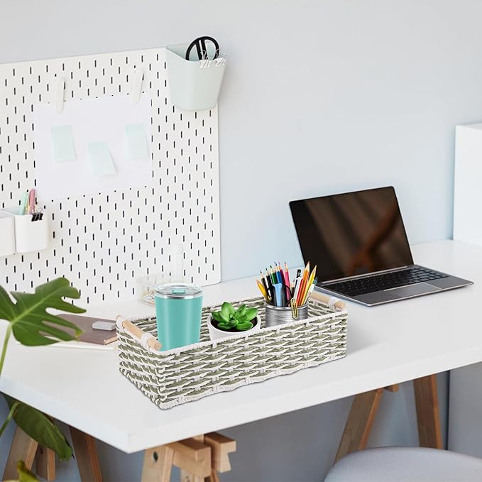 OIAHOMY Toilet Paper Baskets Handmade Paper Rope Decorative Wicker Storage Tank Shelf Cabinet Organizer for Bathroom Home, Set of 2, Green & White