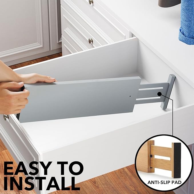 SpaceAid Bamboo Dresser Drawer Dividers 6 Pack, 4.65“ High Adjustable 17“-22” Drawer Organizers, Expandable Organization for Clothing, Clothes, Dressers, Gray