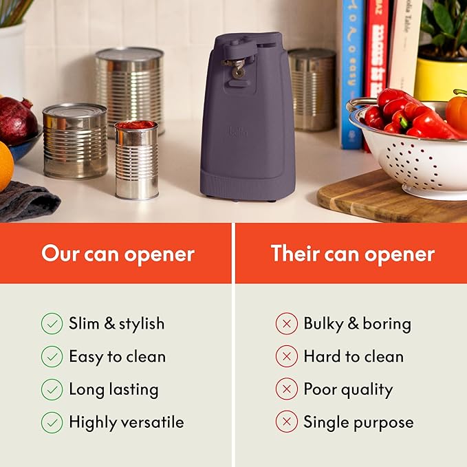 bella Electric Can Opener and Knife Sharpener, Multifunctional Jar and Bottle Opener with Removable Cutting Lever and Cord Storage, Stainless Steel Blade, Plum