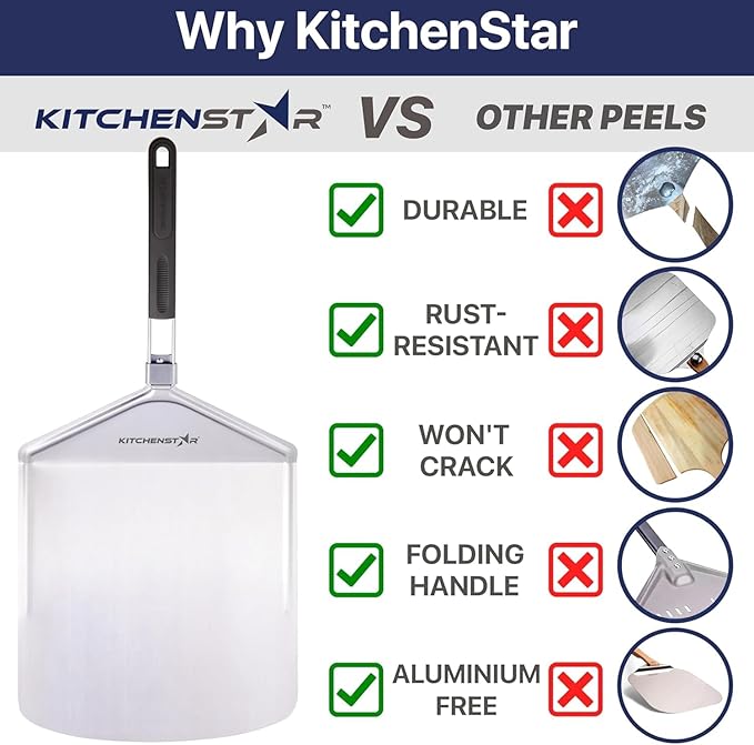 KitchenStar Stainless Steel Pizza Peel 14 inch with 10 inch Folding Handle, Large - Spatula Paddle for Effortless Pizza Transfer & Easy Storrage - Outdoor Pizza Oven Accessories