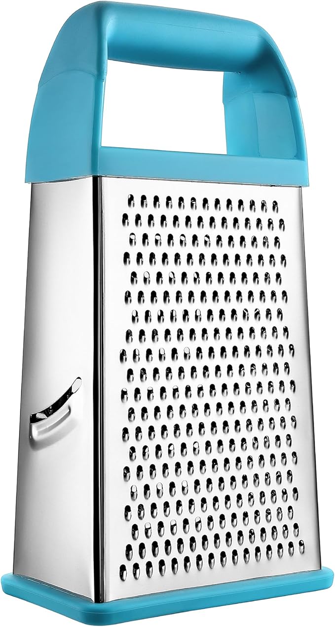 Spring Chef Professional 10" Stainless Steel Parmesan Cheese Grater with Handle, 4 Sided Handheld Box Grater, Kitchen Food Shredder for Potato, Cheese, Ginger, Veggie - Aqua Sky