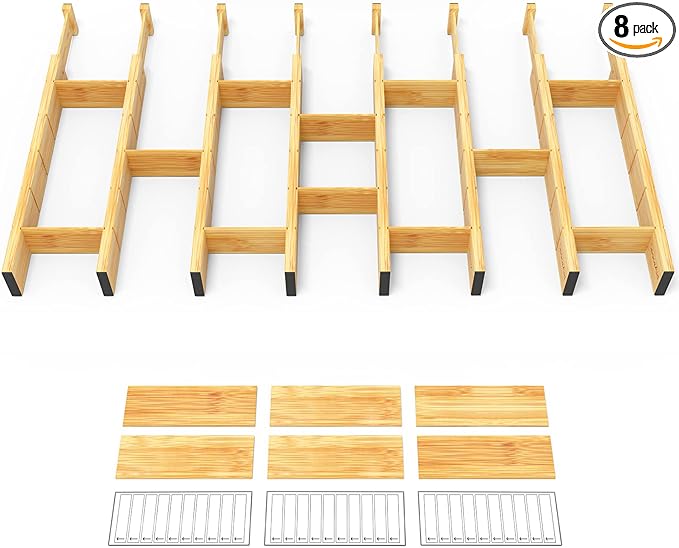 SpaceAid Bamboo Drawer Dividers with Inserts and Labels, Kitchen Adjustable Drawer Organizers, Expandable Organization for Home, Office, Dressers and Bathroom, 8 Dividers with 18 Inserts (17-22 in)