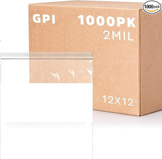 12" x 12" Large Zip Bags, 2 Mil Thick Clear Plastic Reclosable Zipper Lock Bags with Write-on White Block, with Resealable Zip Top Lock for Food Storage & Office Supplies, 1000 Count