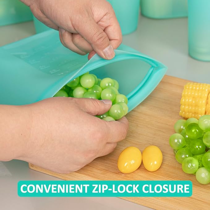 Reusable Food Bags, 12 Pack 100% Silicone Food Storage Bags Stand Up Zip Lock Container, Freezer Microwave Oven Dishwasher Safe, 4 Medium 4 Small 4 Extra Small, Aqua