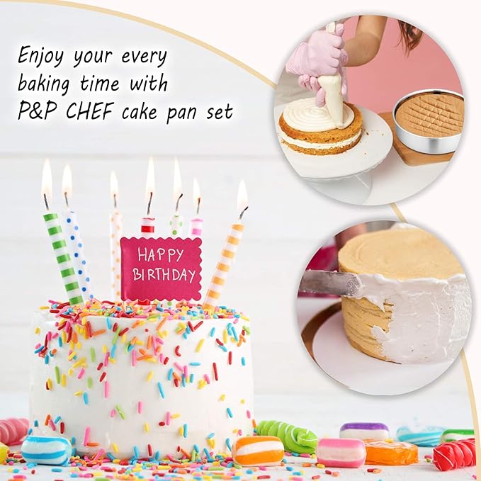 P&P CHEF 8 Inch Round Cake Pan Set of 3, Stainless Steel Round Baking Layer Pans Bakeware for Layer Birthday Cake, Fit Oven/Pots/Pressure Cooker, Leakproof & Dishwasher Safe, Silver