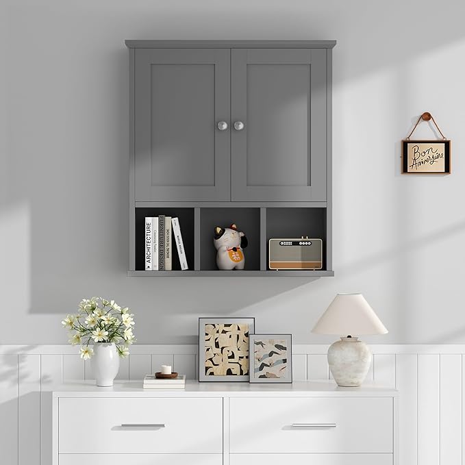 Shintenchi Bathroom Wall Cabinet with Door, Storage Organizer Over The Toilet Medicine, Space Saving with Adjustable & Open Shelf, Gray