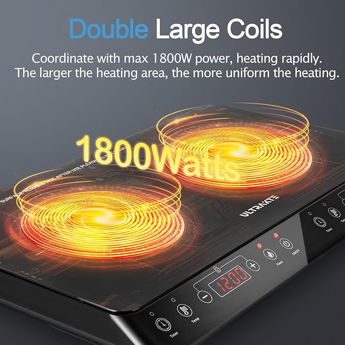 Double Induction Cooktop, ULTRAKTE Portable Dual Countertop Burner with Sensor Touch, 1800W Induction Cooktop 2 Burner, Electric Countertop Cooker with 10 Temp & Power Levels, 8-Hour Timer,Safety Lock