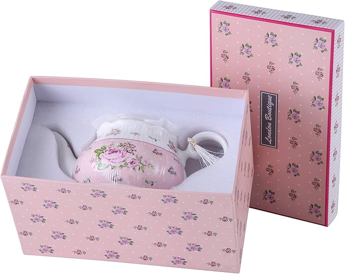 London Boutique Porcelain Teapot Sugar Bowl and Cream Milk Jug Shabby Chic Vintage Floral in Gift box 40oz (Teapot Rose Pink)