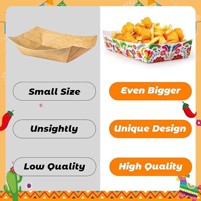 Mexican Taco Nights Food Trays - 60P Hispanic Heritage Month Flowers Unassembled Trays Nacho Snack Candy Holder Disposable Paper Plates Birthday Carnival Party Harvest Picnic Food Containers