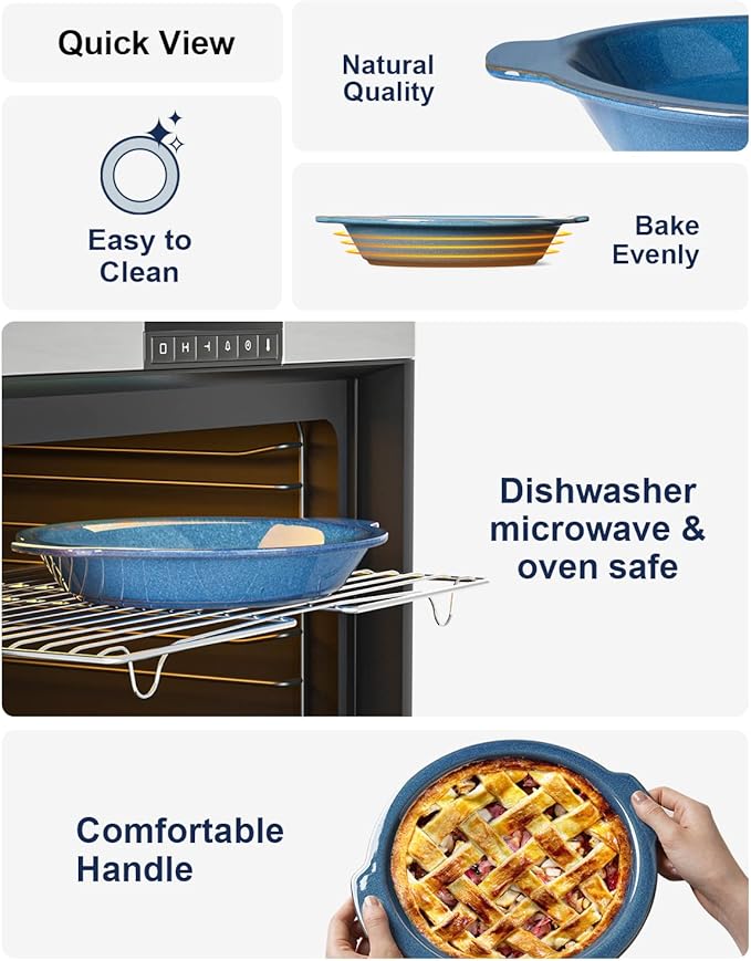 LE TAUCI Ceramic Pie Pans, 9 inch Baking Plates with Handles, Deep Pie Dish for Apple Pie, Pecan Pie, 36 Ounce - Set of 2, Ceylon Blue