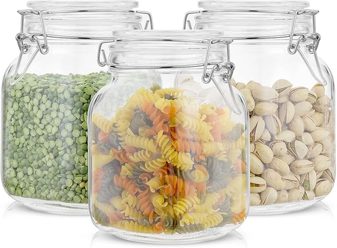 JoyJolt Airtight Glass Jars with Lids Set of 3. 32oz Glass Jar with Lid and 6 Silicone Seals! Med Glass Food Storage Containers. Square Mason Jar, Candy Jar, Sugar Jar, Pasta Containers for Pantry