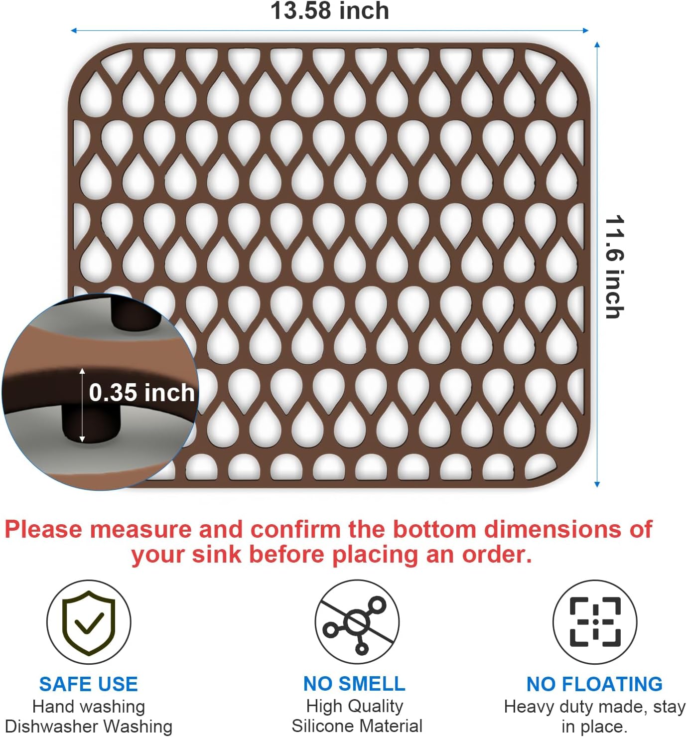 TOOVEM 13.6"x11.6" Kitchen Sink Protector - Large Silicone Mat Grid for Bottom of Farmhouse Sink - Heat Resistant - Coffee - 1 Pack