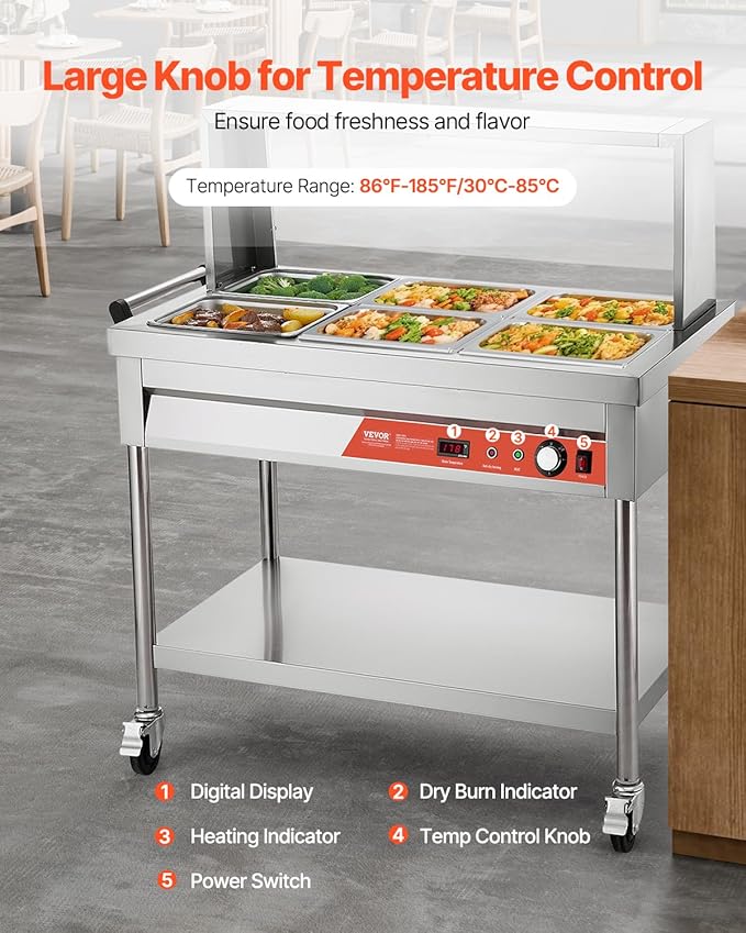VEVOR 6-Pan Commercial Food Warmer, 6 x 1/2 Pans Electric Steam Table, 1500W Professional Buffet Catering Food Warmer with Shield Undershelf Wheels, Stainless Steel Server for Party Restaurant