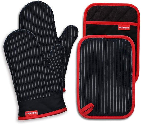 Oven Mitts and Pot Holders Set, Cooking Mitts, Heat Resistant Cooking Mitts and Pot Holders, Silicon Oven Gloves Set for Kitchen, Pure Cotton and Terrycloth Lining, Black, 4 Pcs Set