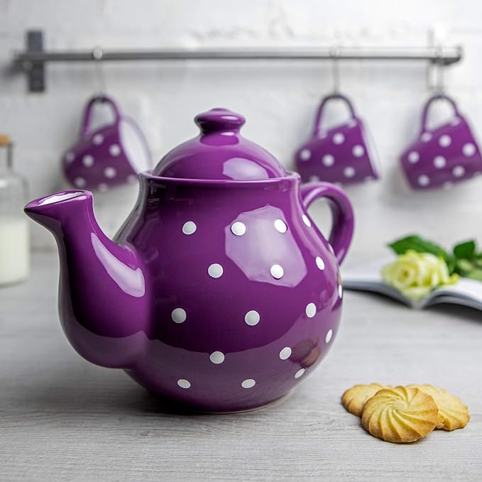 Handmade Purple and White Polka Dot Large Ceramic 1,7l/60oz/4-6 Cup Teapot, Milk Jug, Sugar Bowl Set, Pottery Tea Set, Housewarming Gift for Tea Lovers by City to Cottage®