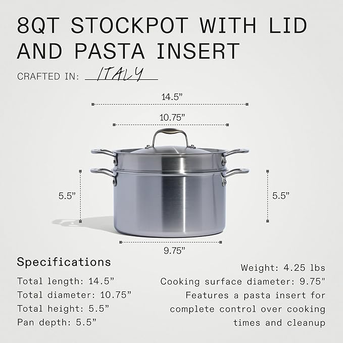 Made In Cookware - 8 Quart Stainless Steel Stock Pot With Lid and Pasta Insert - 5 Ply Stainless Clad - Professional Cookware - Crafted in Italy - Induction Compatible