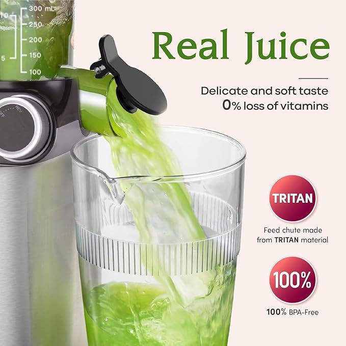 Cold Press Juicer, 200W Slow Juicer 4.3" Large Feed Chute Fit Whole Fruits Vegetables | Upgraded Auger | Tritan Material | BPA Free | Juice Recipes (Silver)