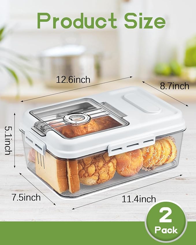 Dynta 2 Pack Bread Box for Kitchen Countertop Airtight Bread Storage Container with Lid Time Recording Plastic Bread Keeper for Homemade Bread, Toast, Loaf and Cookies
