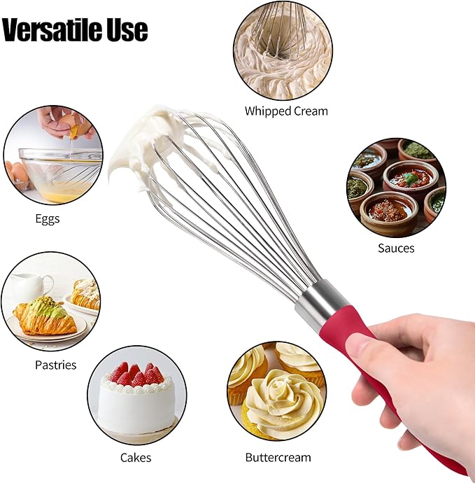 18/8 Stainless Steel Balloon Whisk, Doosu Kitchen Whisk for Cooking Handheld Egg Beater with Rust-Proof Sturdy Wires & Non-Slip Silicone Handle for Beating, Stirring, Blending (8 Wires, Red)