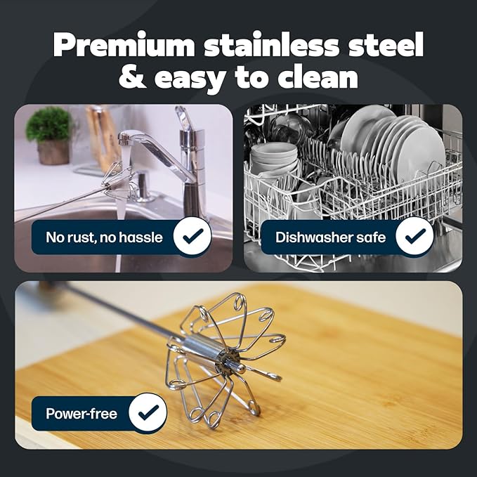 14 Inch Stainless Steel Hand Whisk - Durable & Easy to Use Push-Down Zip Whisker - Rotary Hand Mixer for Beating Eggs, Frothing Milk, Blending, Mixing, Whipping Smoothies & Shakes - Kitchen Tools