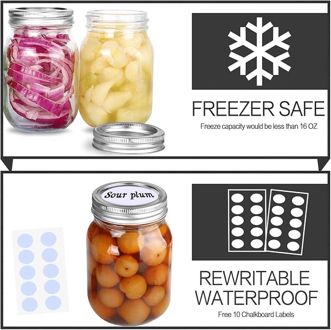 KAMOTA Mason Jars 16 OZ With Regular Lids and Bands, Ideal for Meal Prep, Jam, Honey, Wedding Favors, Shower Favors, Baby Foods, DIY Magnetic Spice Jars, 6 PACK, 10 Whiteboard Labels Included