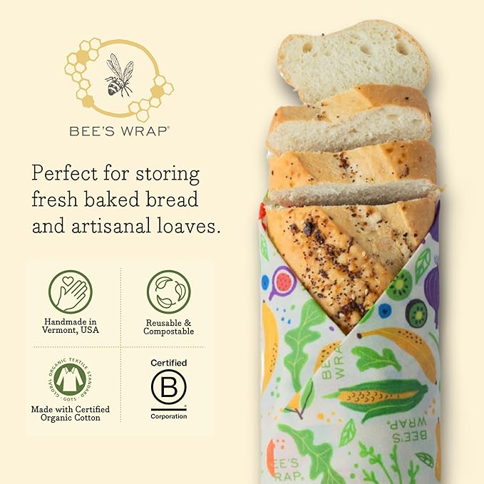 Bee's Wrap Beeswax Wraps for Food - Garden Party Bread Wrap - Made in USA Reusable Bread Storage Bags - Organic & Eco-Friendly Alternative to Aluminum Foil, Sourdough Bags & Plastic Wrap