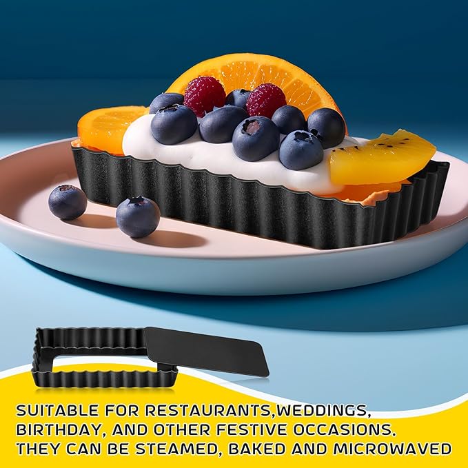 Tessco 16 Pieces Mini Tart Pans with Removable Bottom Nonstick Quiche Mini Pie Tart Pans Bakeware Mold Fluted Side for Pies(Black Rectangle,4.33 x 2.36 x 0.79 Inch)