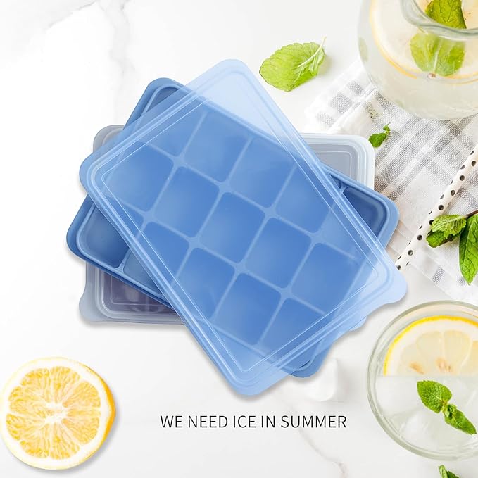 Ice Cube Trays Set of 2, Easy Release 15 Flexible Silicone Ice Cube Molds with Removable Lid Reusable Freezer Ice Trays Stackable for Whiskey, Baby Food, BPA Free (BLUE+GRAY)