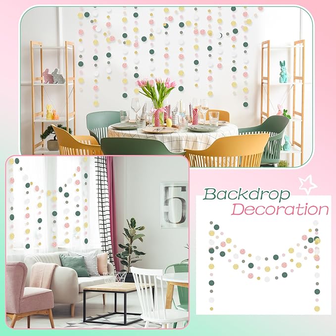 Outus 5 Pieces Colorful Dots Paper Garland Round Glitter Garland Hanging Confetti Streamers Backdrop Decoration for Birthday Classroom Candy Sprinkles Trunk or Treat Party (Sage Green,Pink,Gold)
