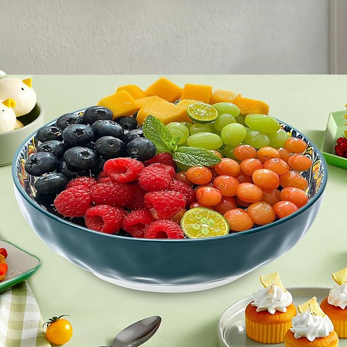 Large Serving Bowls, 75 Oz Fruit Salad Bowls Set of 2, Bohemian Style Large Porcelain Dishes for Entertaining Parties,Big Bowls for Salad, Pasta, Fruit, Chips, 10.3 Inch Diameter (green.green)