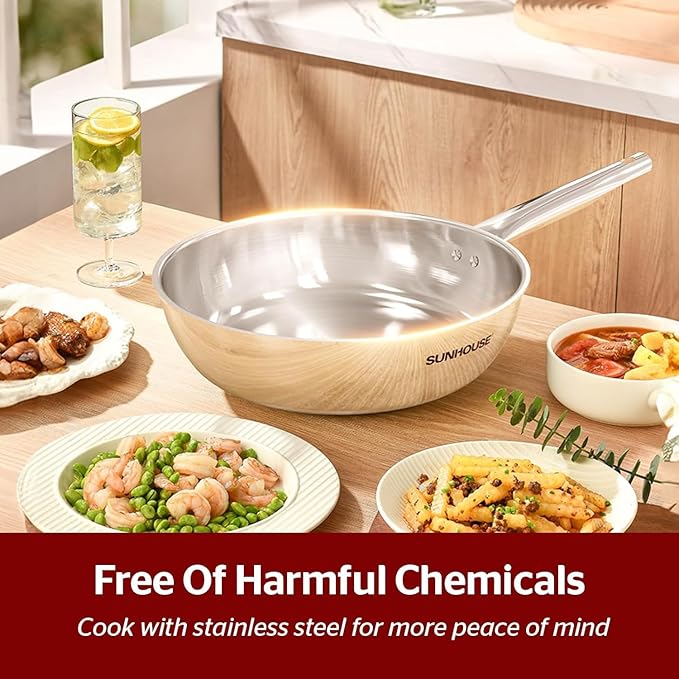 Sunhouse 18/10 10 Inch Stainless Steel Frying Pan, Whole-Clad No Coatings Skillet with Stay-cool Handle for Cooking, Durable & Oven Safe to 500°F, Dishwasher Safe, Compatible with All Cooktops