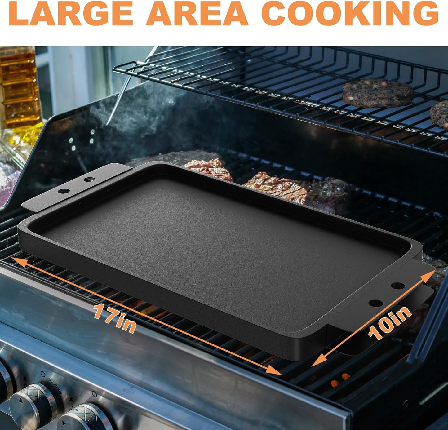 Grill Flat TopGriddle Universal, Cast Iron Griddle for Gas Grill, 17" x 10" Stovetop Griddle, GriddlePan for Stove Top, GrillGriddle for Charcoal/Electric/Gas Grills, Stove, Tailgating, Camping