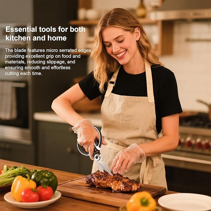 Kitchen Scissors Utility Chopping Scissor Professional Shears for Meat Cutting Sharp Kitchenad Shears Multipurpose Scissor for Food Outdoor BBQ No Rust + 100 Pcs Plastic Gloves Disposable