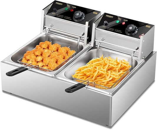 ROVSUN 22.8QT Commercial Deep Fryer with Baskets & Lids, 21.8L Stainless Steel Electric Double Fryer, Countertop Kitchen Frying Machine w/Temperature Control, French Fries Donuts 3400W