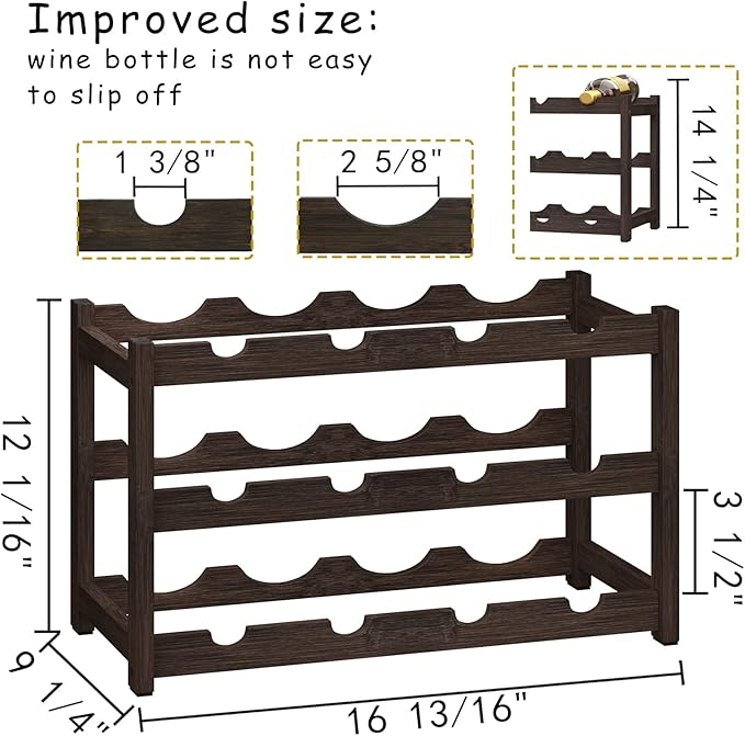 BAMEOS Bamboo Wine Rack Storage, 3 Tier Wine Racks Countertop, Wine Rack Freestanding Floor Wine Holder Cabinet for Kitchen, Bar, Pantry, Wine Cellar, Basement,Study (16.85 L x 9.25W x 12H)