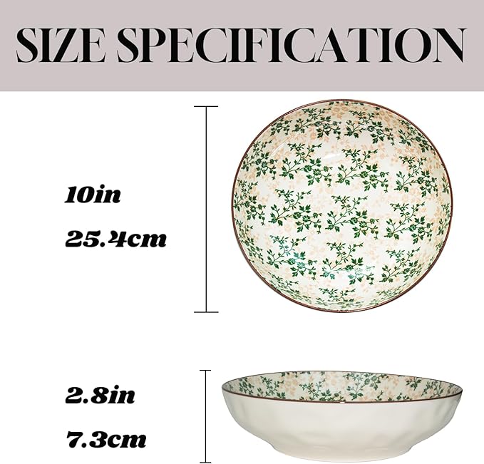 Large Serving Bowls, 78Oz Extra Large Salad Bowls Set of 2, Green Floral Pattern Design Decorative Bowls for Salad, Fruit, Pasta and Dinner, Serving Dishes Set for Party (Green Floral of 2)