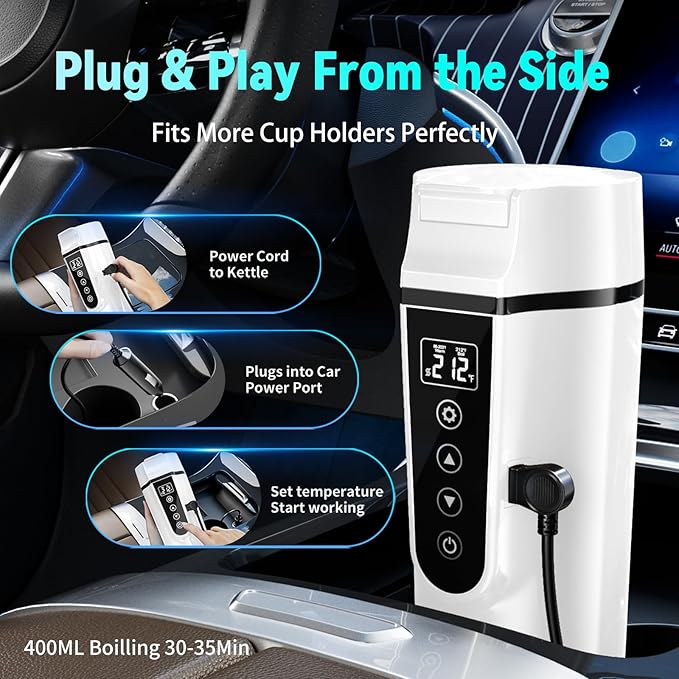 Car Electric Kettle for Travel : FVPE 12V/24V Small Electric Water Kettle, Multi-Temp Control 400 mL Portable Car Water Boiler for Brewing Coffee Tea,LCD Display 304 Stainless Steel Truck Heating Cup