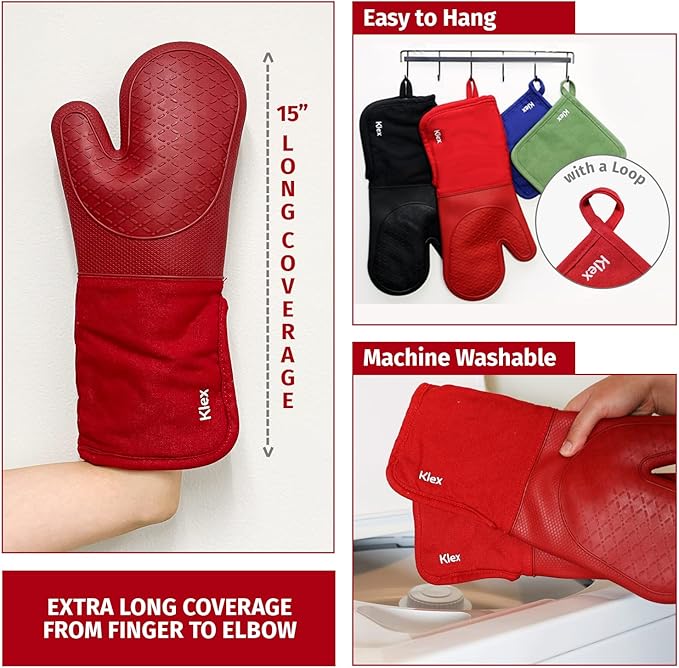 Klex Extra Long Silicone Oven Mitts, 932°F Degrees Heat Resistance with Quilted Cotton Liner Oven Gloves, 2 Piece Set, 15 inch, Red
