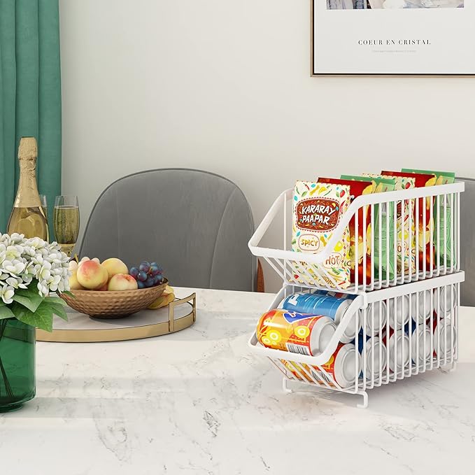 GILLAS 8 Pack Stackable Soda Can Organizer for Refrigerator, Can Holder Dispenser, Canned Food Storage Rack for Fridge, Kitchen, Countertops, Cabinets, White
