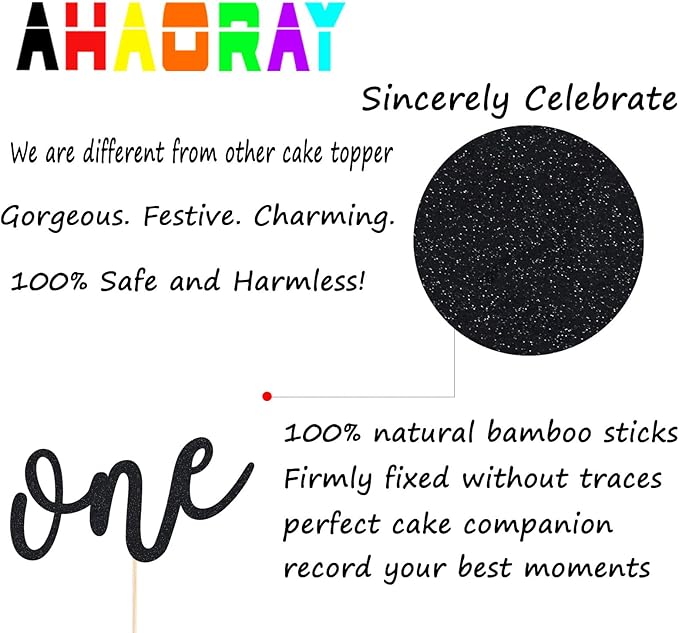 First Birthday Cake Topper - Black Glitter One Cake Decorating Supplies for Girls and Boys, Perfect for Baby Shower/Gender Revealing Party/Baby Party Photo Booth Props