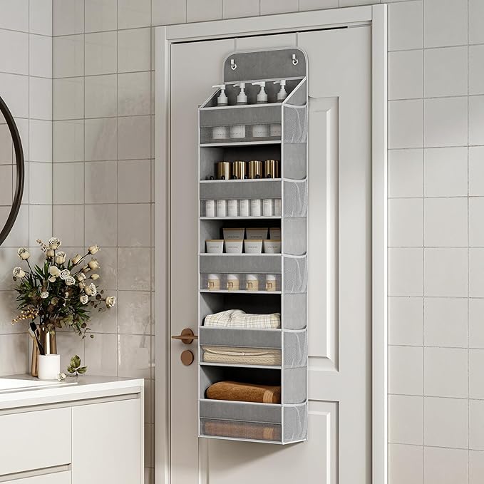 LAMU 2 Pack Over The Door Organizer Hanging with 5 Large Pockets and 10 Mesh Pockets, 44lb Over The Door Storage for Closet, Nursery and Bathroom, Behind The Door Storage with Clothes and Toys, Gray