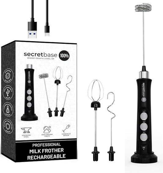 Secretbase 3 Speed Rechargeable Milk Frother Handheld, USB Charging Cradle - Stainless Steel Whisk for Bulletproof Coffee, Espresso Whipper, Mini Electric Stirrer (Black Frother without Pitcher)