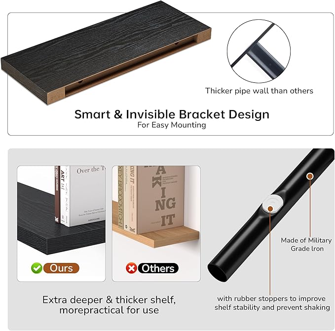 Floating Shelves - 2 Pack 9 Inch Rustic Wooden Wall Shelves - Extra Deeper & Thicker Wall Mounted Storage Shelf for Living Room, Kitchen, Farmhouse - 24" W x 9" D x 1.6" H - Rustic Black