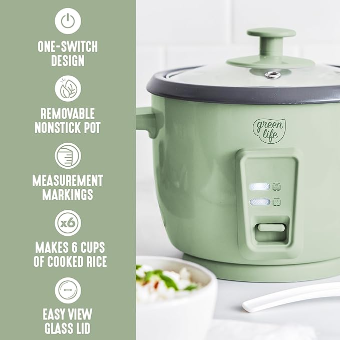 GreenLife Electric Rice Cooker, 3-Cups Uncooked/6-Cups Cooked, Removable PFAS-Free Nonstick Pot, One-Switch Design, Auto Keep Warm, Small Space Saving, Rice Paddle, Soup, Grains, Oatmeal, 1.5 QT, Green