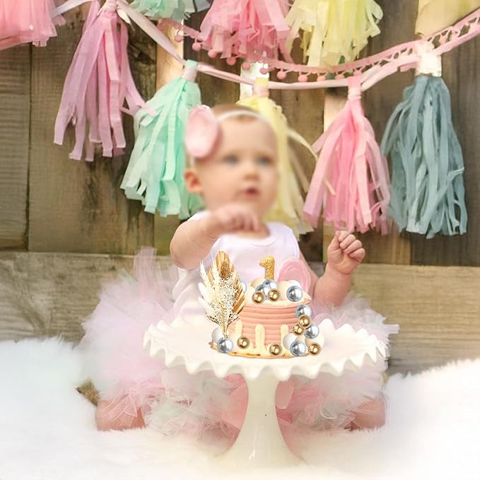 Gyufise 21 Pack Flower Boho Cake Topper Ball Cake Decorations Palm Leaves Plants Cake Decor for Girl Bohemian Princess Theme Wedding Baby Shower Birthday Party Supplies Gold White