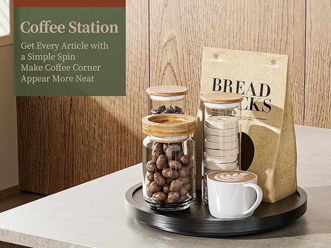 LAMU 12' Wood Lazy Susan Organizer Turntable for Cabinet, Lazy Susan for Table Top, Pantry, Kitchen, Bathroom, Countertop, Rotating Spice Organizer, Vanity Decor Tray, Pine Wood, Black