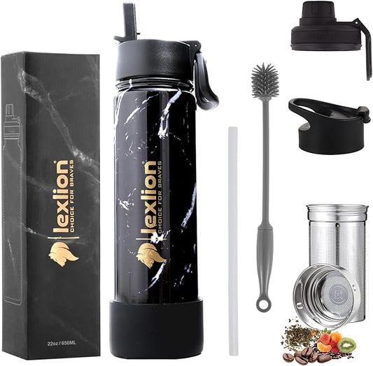 lexlion Tea Infuser Bottle - Fruit Infuser Water Bottles 22 Oz, Triple Walled Insulated Stainless Steel Bottle, Thermal Leaf Infuser, Silicone Sleeve, 3 Lids Leakproof, Metal Mug Gallon