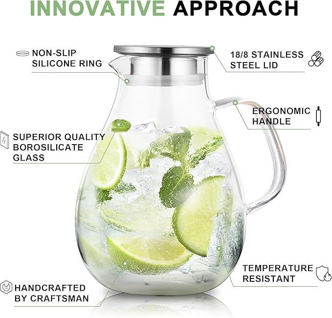 SUSTEAS 2.2 Liter 75oz Glass Pitcher, Water Pitcher with Lid And Wide Handle, Easy Clean Juice Jug for Fridge, Beverage Carafe for Cold/Hot Water, Iced Tea, 1 Long-Handled Brush Included
