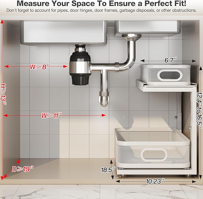 2 Pack 18.5IN-Depth Under Sink Organizer With Next-Gen Ball-Bearing Slides,2-Tier Precision Mesh Pull Out Cabinet Storage for Bathroom&Kitchen,Height Adjustable Drawers Shelf,Anti-rust-White